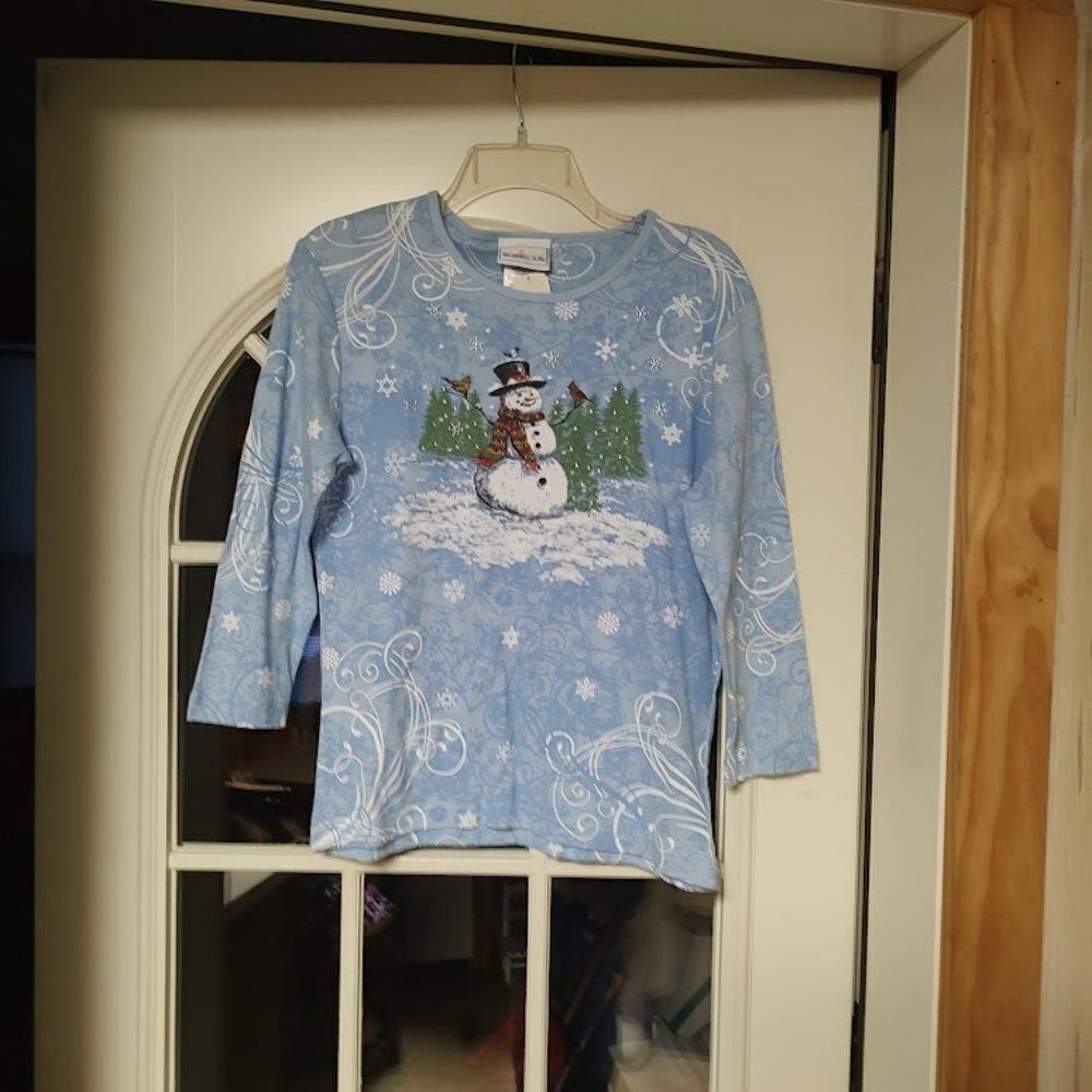 New Morning Sun Blue Snowman Shirt 3/4 Sleeve Women's Size M